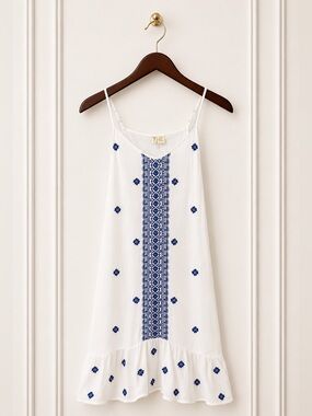 Japna White Navy Embroidered Boho Midi Dress Size Medium Lace Up Back
